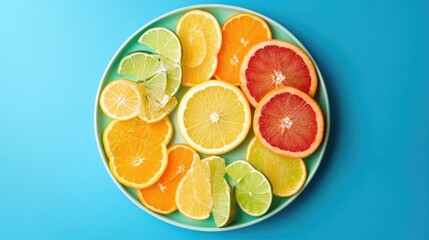 A colorful circular fruit platter with slices of citrus fruits arranged neatly.