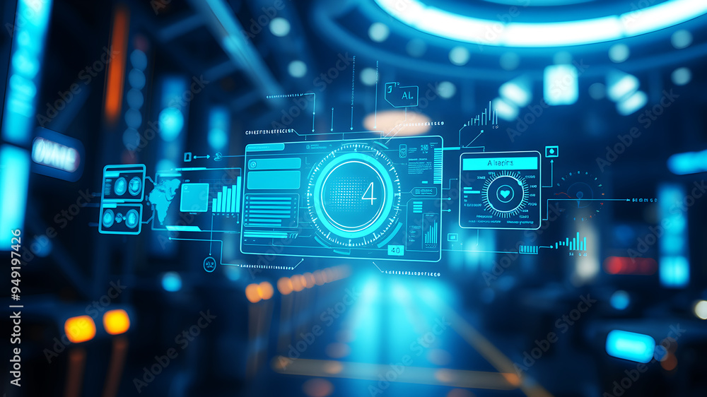 Poster an ai interface with holographic data panels floating in mid-air against a sci-fi background