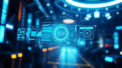 An AI interface with holographic data panels floating in mid-air against a sci-fi background
