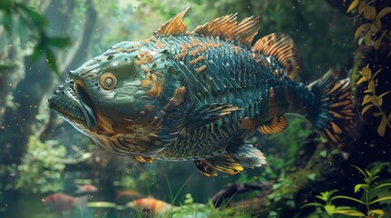 Obraz premium A Stunning Digital Illustration of a Fish with Gold and Green Scales
