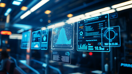 An AI interface with holographic data panels floating in mid-air against a sci-fi background