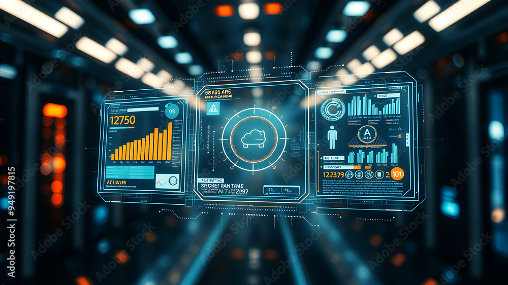 Poster an ai interface with holographic data panels floating in mid-air against a sci-fi background