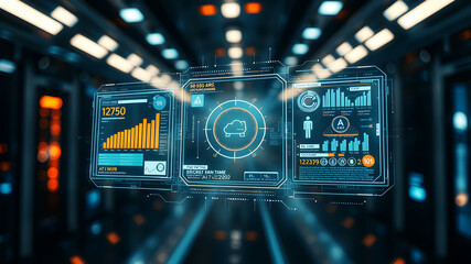 An AI interface with holographic data panels floating in mid-air against a sci-fi background