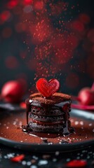 Chocolate dessert with a heart-shaped topping. AI.