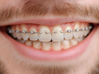 Obraz premium A close-up of a bearded smiling man showcasing metal braces on his teeth. Perfect for promotion etc.