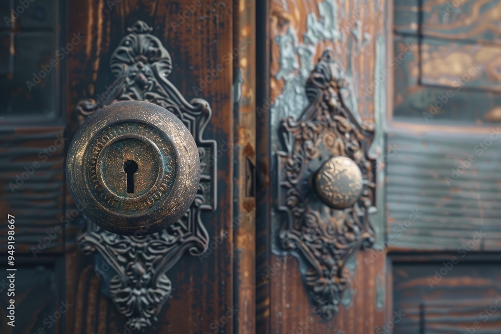 Poster a close-up shot of a wooden door handle with intricate details, suitable for use in design and decor