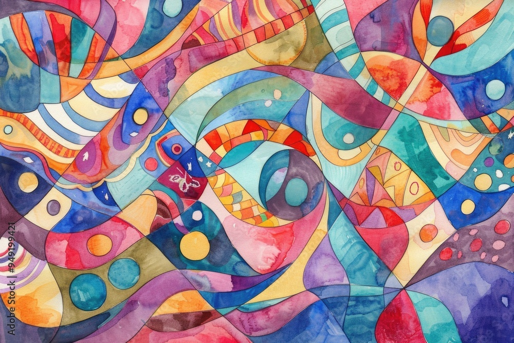 Poster a vibrant and imaginative watercolor painting featuring an abstract design with swirling shapes and 