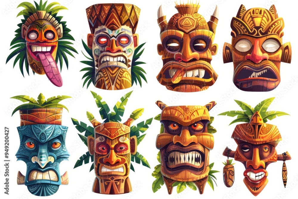 Poster A group of colorful tiki masks with unique facial expressions