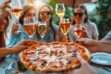 A group of friends sharing a meal together, great for depicting social occasions or casual gatherings