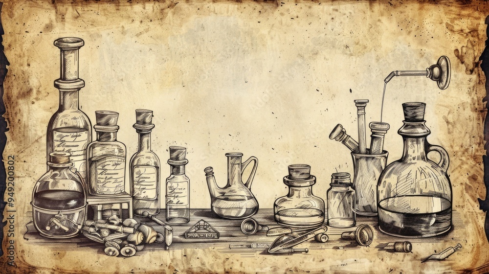 Poster a collection of glass bottles arranged on a table, suitable for use in product photography or as a d