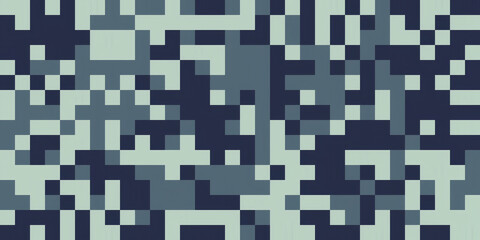 Abstract pixelated camouflage pattern in blue and green tones. Seamless pattern for digital designs and backgrounds. Perfect for textiles, fabrics, and branding.