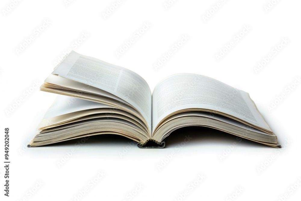 Poster a single open book lying on a clean white surface, perfect for education or learning concepts
