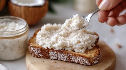A close-up of coconut butter being spread on a piece of toast, with a jar of coconut butter beside it.