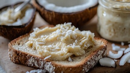 A close-up of coconut butter being spread on a piece of toast, with a jar of coconut butter beside it.