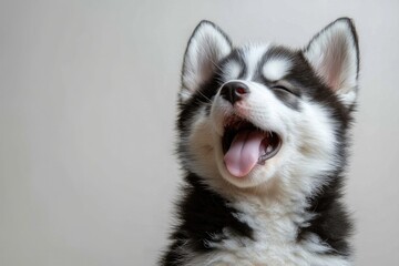A cute black and white dog with a pink tongue sticking out