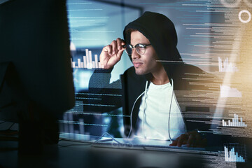 Man, programmer and computer code at night for firewall, breach and access in cyber security. Software engineer, tech and data protection with overlay, dark web and analysis for blockchain or network