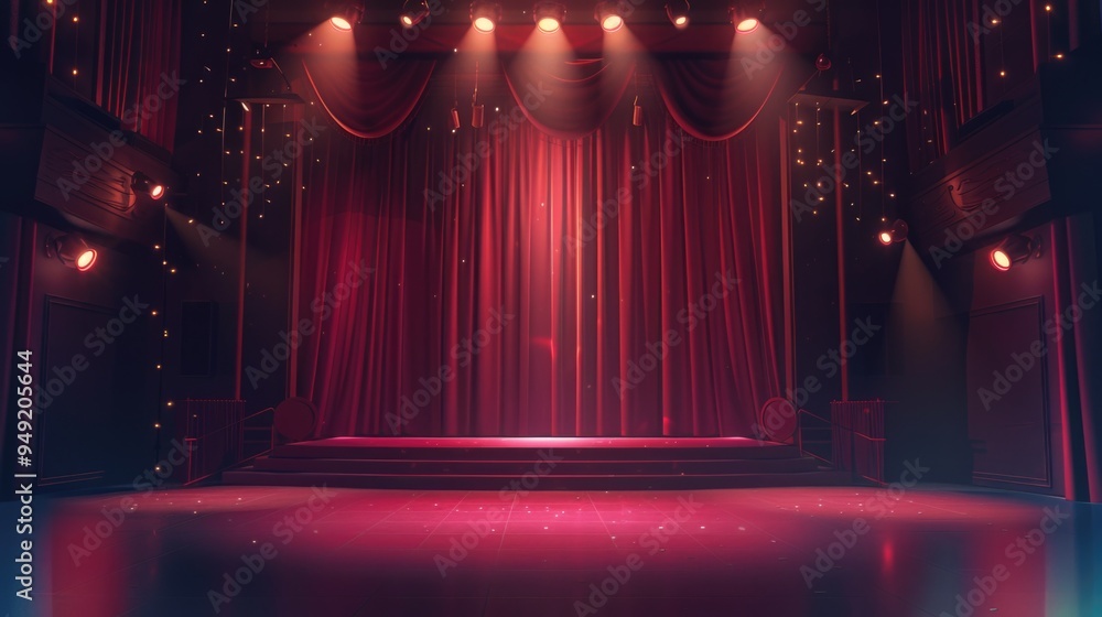 Poster a stage with a red curtain and bright lights, perfect for theater or performance-related uses
