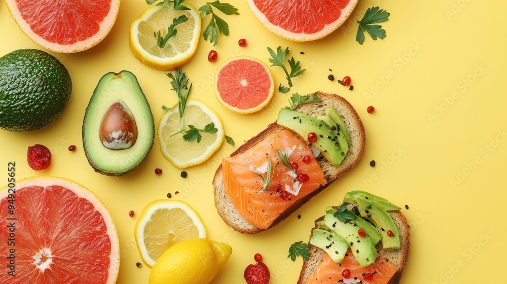 Poster Start your day with a nutritious breakfast featuring avocado toast topped with salmon and fresh citrus fruits on a vibrant yellow backdrop. Generative AI