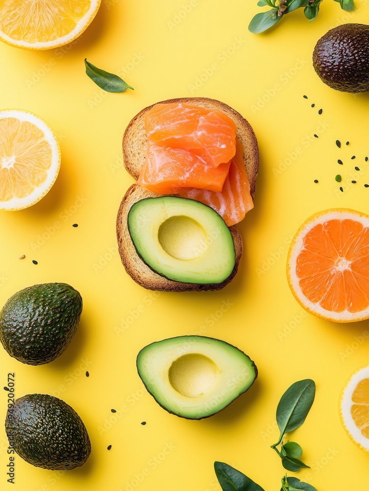 Aufkleber enjoy a nutritious breakfast featuring creamy avocado toast topped with salmon alongside fresh citru