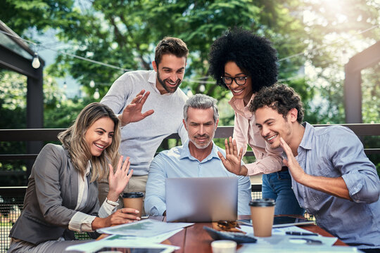 Business people, cafe and laptop for video call waving, meeting and online collaboration for project. Staff, accountant group and greeting for virtual conference, paperwork and finance planning