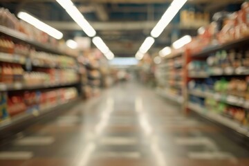Obraz premium Shelves stocked with food products and household items in a typical grocery store setting