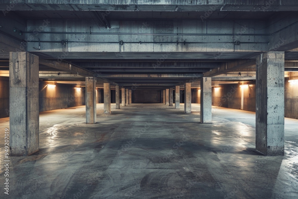 Poster Abandoned parking lot with concrete floors and empty spaces
