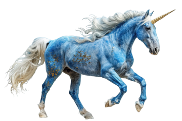 side view blue unicorn horse isolated on transparent background, generative ai