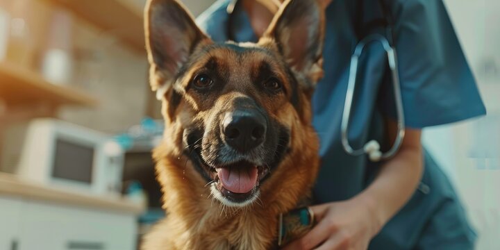 A happy dog being gently cared for by a compassionate veterinarian during a regular check-up, showcasing trust and loyalty.