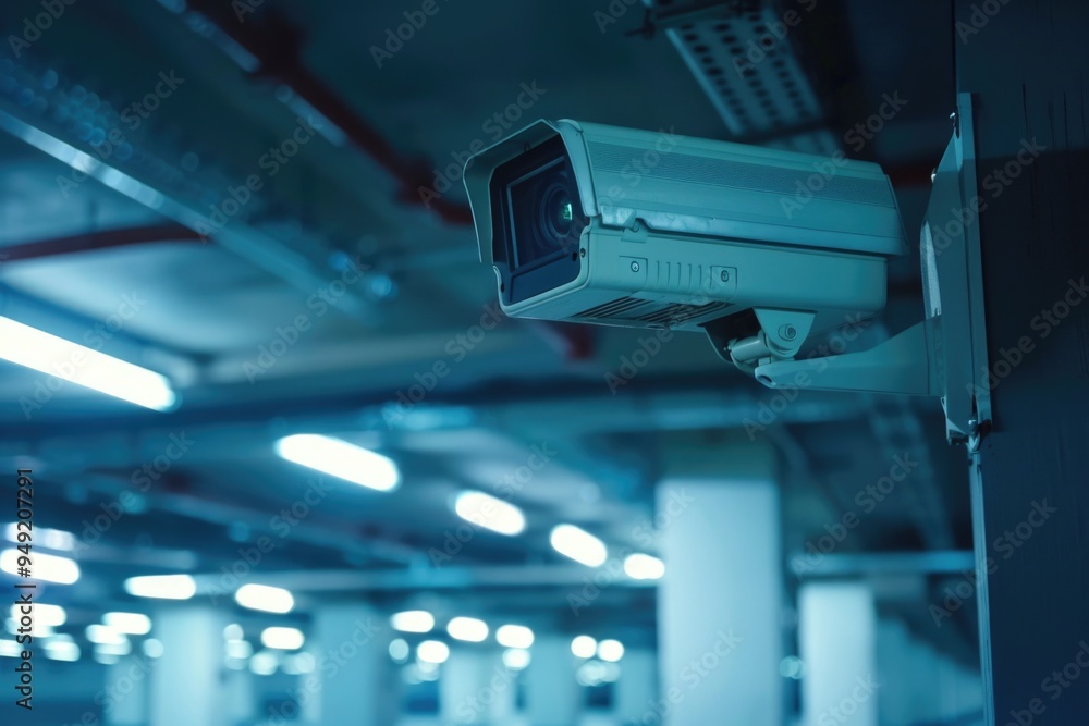 Poster A security camera installed on the side of a building, providing a clear view of the surrounding area