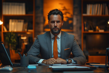 Confident Businessman in Suit at His Desk