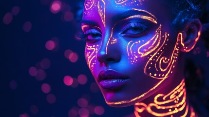 Futuristic Halloween makeup with neon colors, glowing vividly under blacklight, intricate designs on a model's face, set against a dark, electrifying background