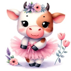 Naklejka premium Cute Cow Ballerina Cartoon Illustration.