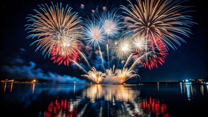 Red, gold, white fireworks above water with reflection on the black sky background.