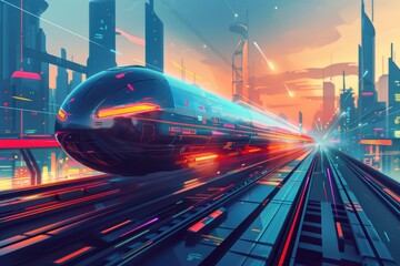 Train passing through city streets at night with urban lights and buildings