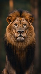 Fototapeta premium Majestic Lion Portrait: A regal lion stares intently, showcasing its powerful presence and majestic mane against a blurred forest background. This captivating image evokes strength, leadership, and wi