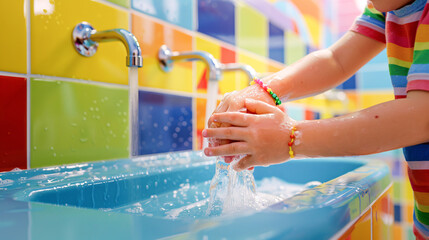 Child washing hands at a school sink, Back to school concept, AI generate.