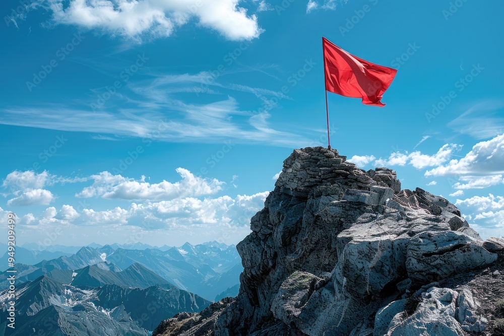 Poster a single red flag waving at the summit of a mountain, possibly indicating a warning or direction