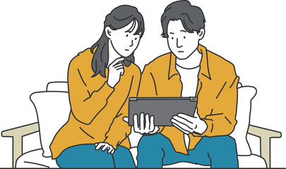 ソファーでタブレットを見ながら悩む夫婦のシンプルイラスト