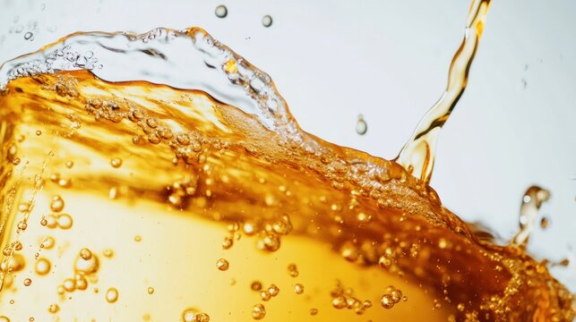 Close-up of a bubbling golden liquid, likely a beverage, splashing with dynamic motion against a neutral background, capturing the play of light and liquid texture.