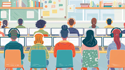 Students participate in online class with headphones and laptops in a classroom, AI generate.