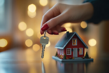 Mão feminina segurando chave de casa em miniatura com fundo desfocado, simbolizando transação imobiliária e propriedade, IA generativa.
