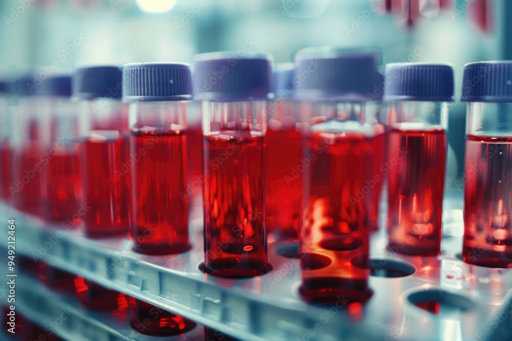 Poster rows of vials containing red liquid in a medical laboratory setting