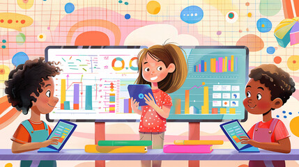 Cartoon children work on collaborative document on tablets, with funny. Bach to school, AI generate.