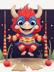 Fototapeta premium Cartoon Bird Monster with Red and Blue Colors and Horns