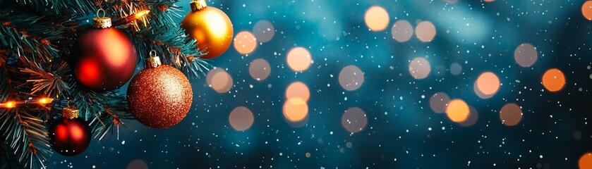 Fototapeta premium Festive Christmas ornaments glimmer against a blurred blue backdrop, capturing the joyous spirit of the holiday season.