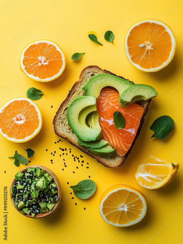Poster enjoy a colorful healthy breakfast featuring avocado toast topped with salmon, complemented by fresh