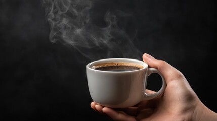 A person's hand holding a white cup of steaming coffee against a dark background, highlighting the warmth and aroma of the beverage.