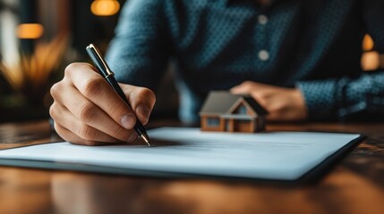 A person is writing on a piece of paper with a pen. A small house is sitting on the paper.