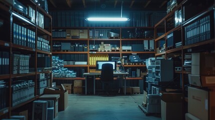 Fototapeta premium A storage room filled with boxes and shelves, perfect for an office or home organization