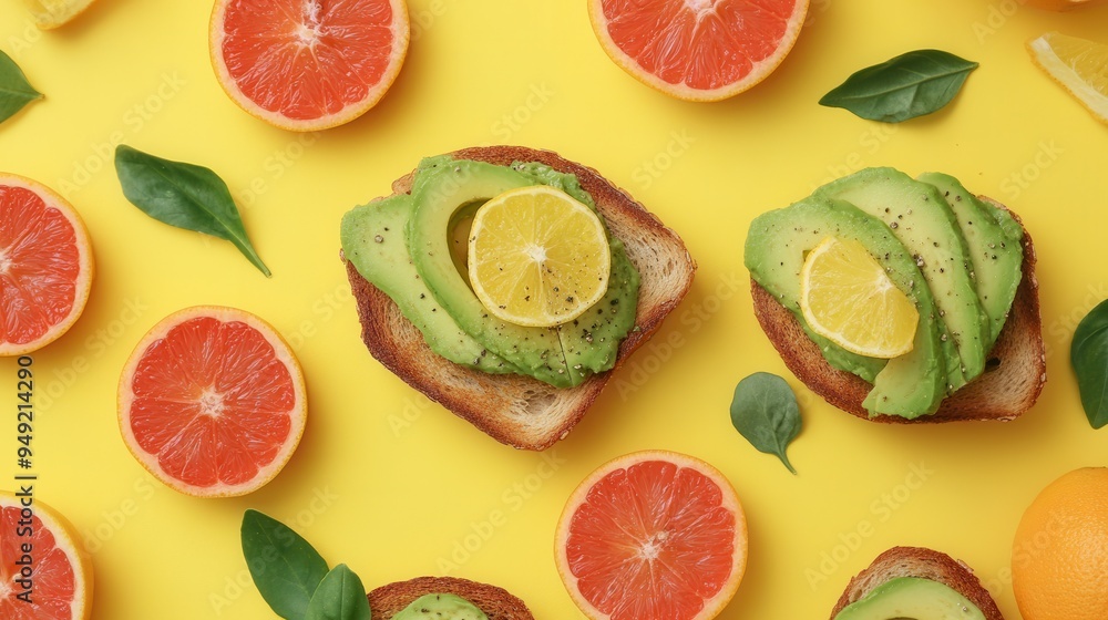 Poster a bright yellow background showcases avocado toast topped with salmon alongside fresh citrus slices,